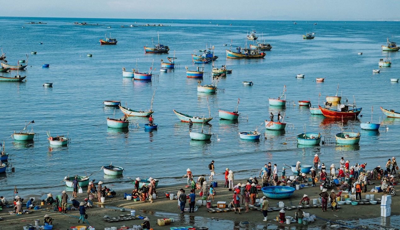 Khung cảnh tấp nập của Làng chài Mũi Né vào buổi sáng, một địa điểm tuyệt vời cho hoạt động team building trải nghiệm văn hóa địa phương.